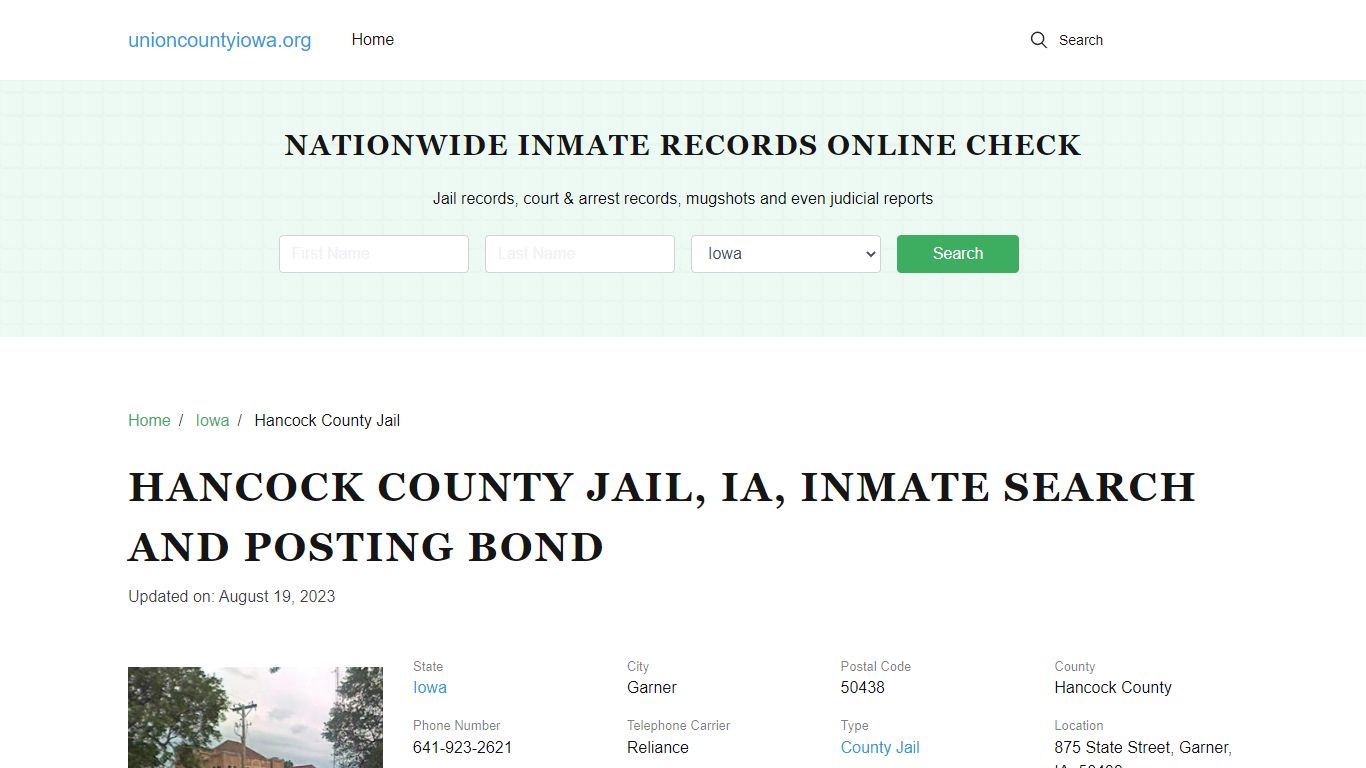 Hancock County Jail, IA, Inmate Search, Visitations - Union County, Iowa