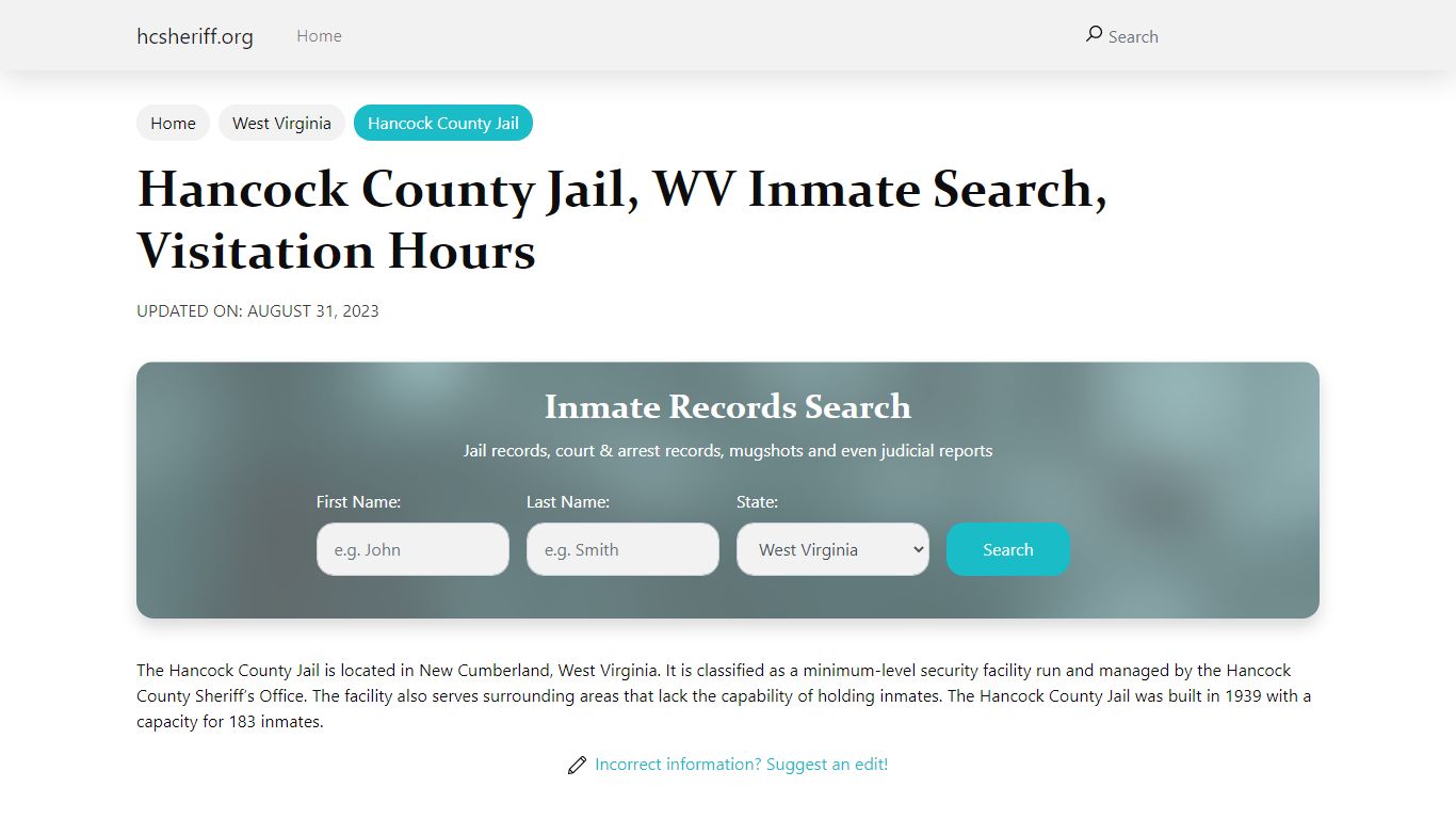 Hancock County Jail, WV Inmate Search, Visitation Hours