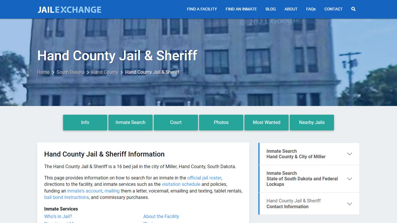 Hand County Jail & Sheriff, SD Inmate Search, Information