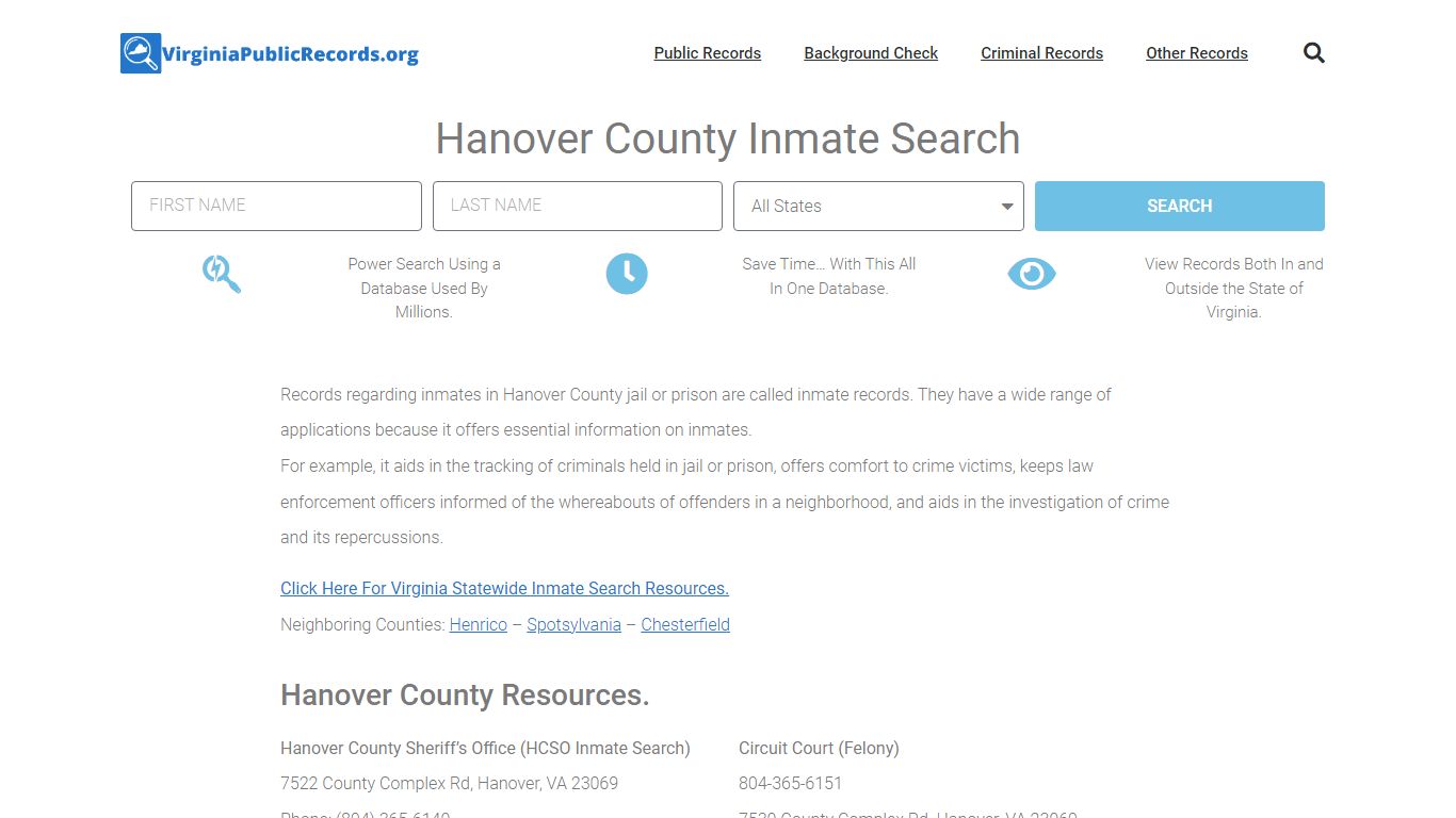 Hanover County Inmate Search - HCSO Current & Past Jail Records