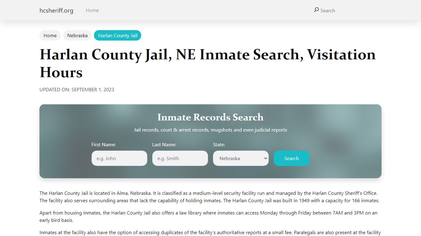 Harlan County Jail, NE Inmate Search, Visitation Hours