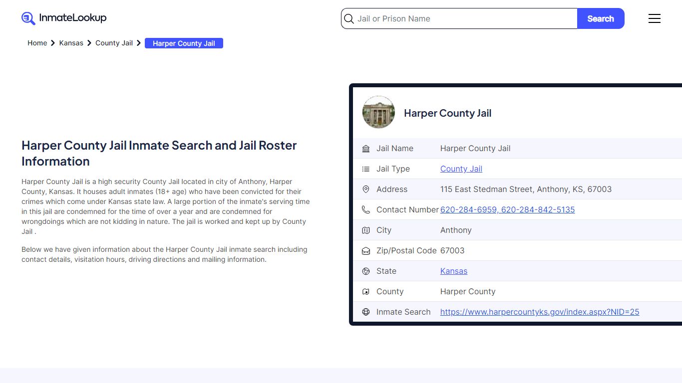 Harper County Jail Inmate Search - Anthony Kansas - Inmate Lookup