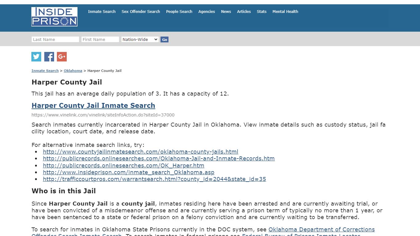 Harper County Jail - Oklahoma - Inmate Search - Inside Prison