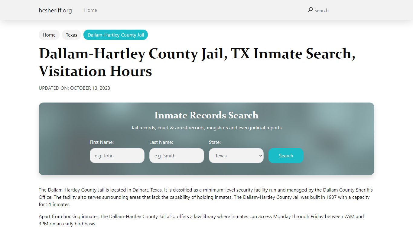 Dallam-Hartley County Jail, TX Inmate Search, Visitation Hours