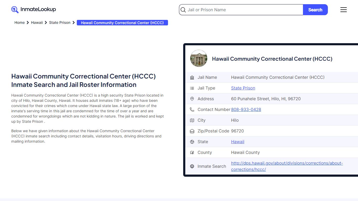Hawaii Community Correctional Center (HCCC) Inmate Search and Jail ...