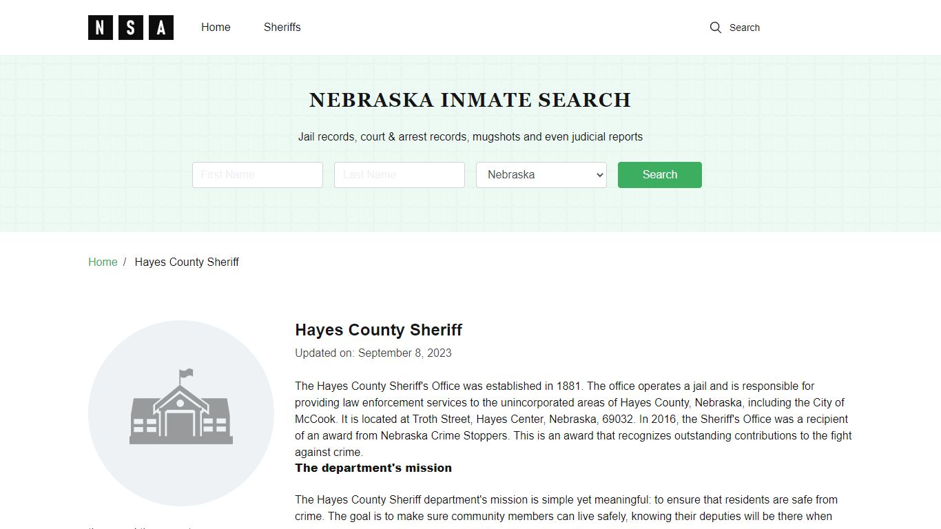 Hayes County Sheriff, Nebraska and County Jail Information