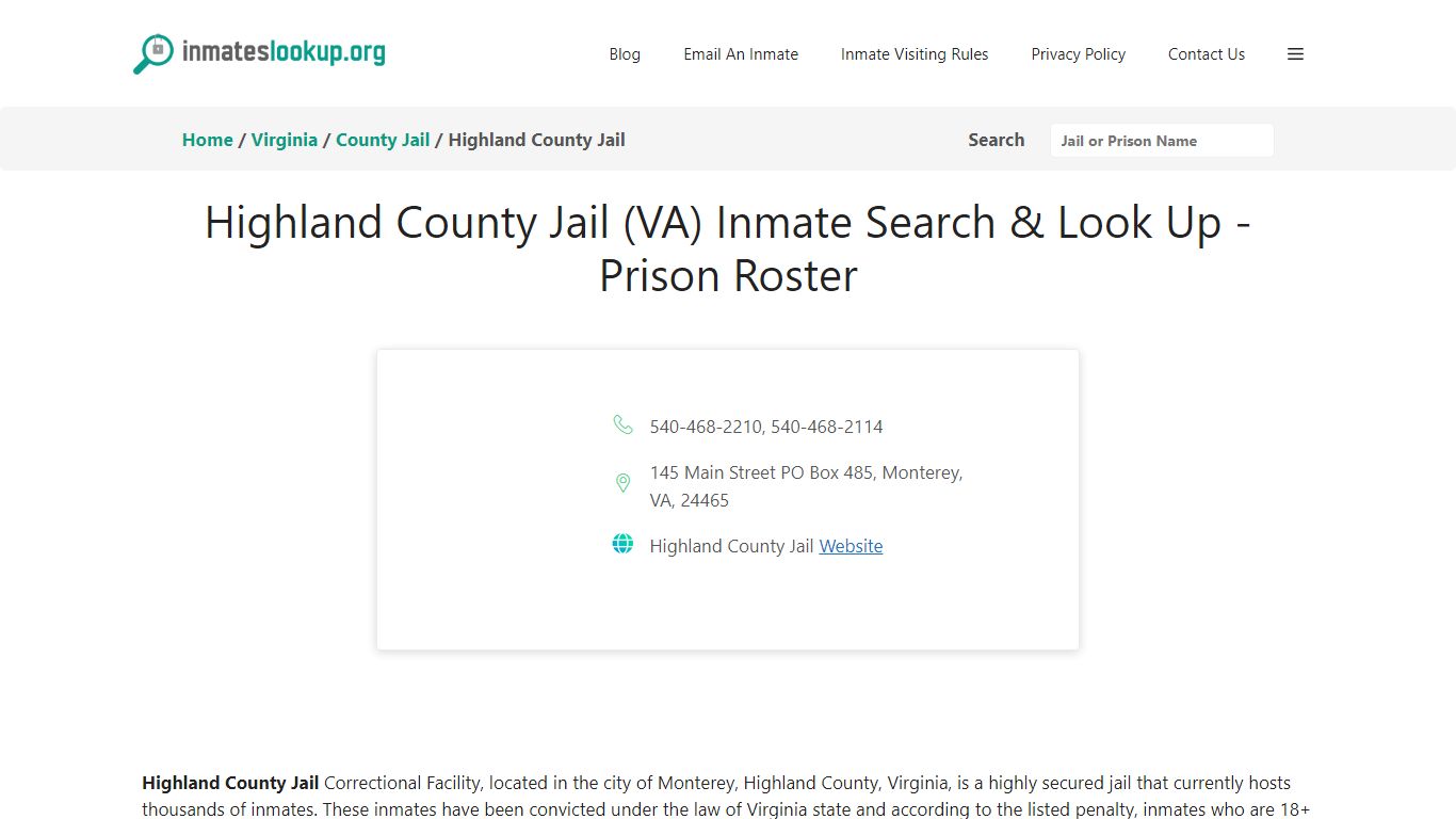 Highland County Jail (VA) Inmate Search & Look Up - Prison Roster