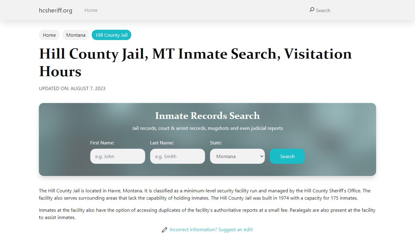 Hill County Jail, MT Inmate Search, Visitation Hours