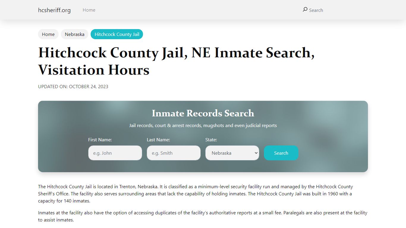 Hitchcock County Jail, NE Inmate Search, Visitation Hours