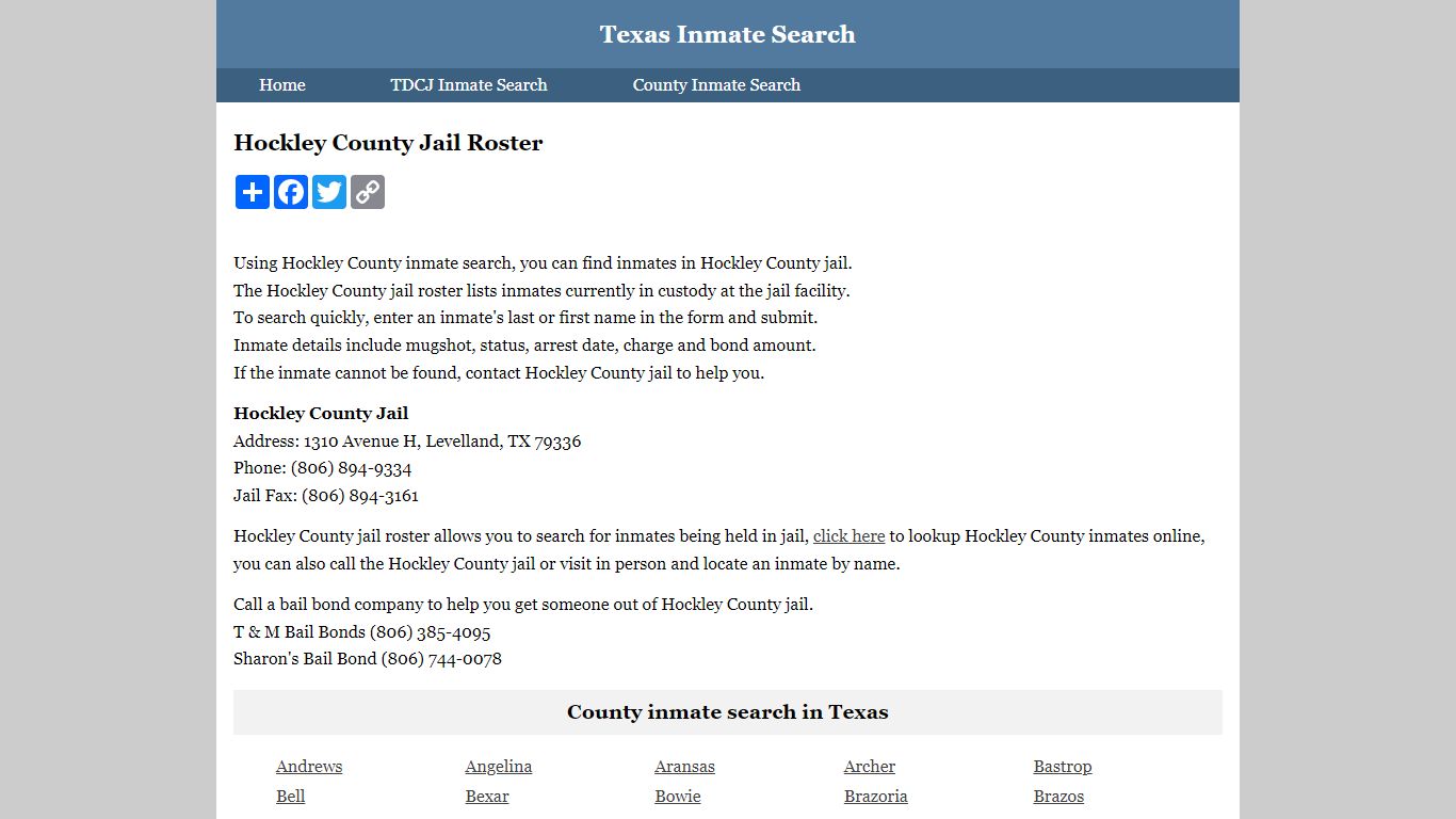 Hockley County Jail Roster - Texas Inmate Search
