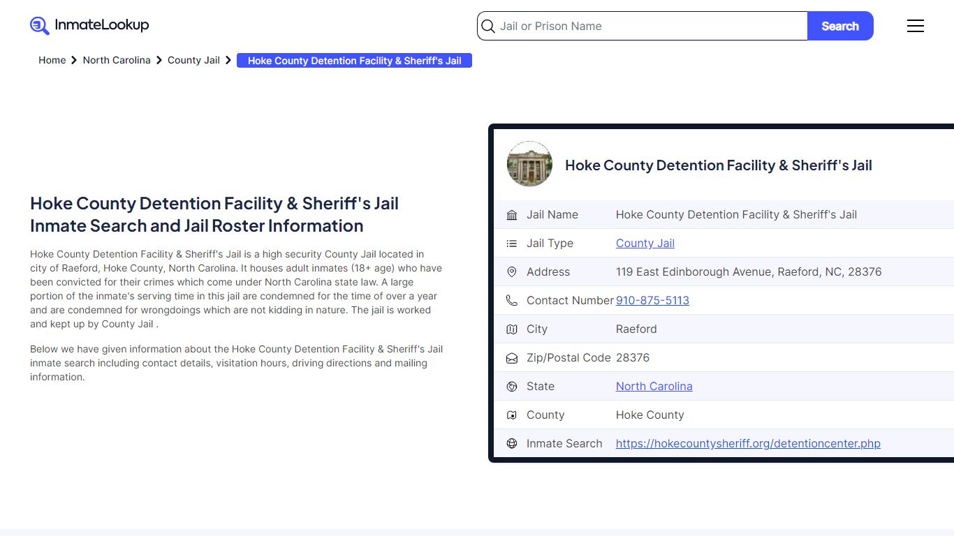 Hoke County Detention Facility & Sheriff's Jail (NC) Inmate Search ...