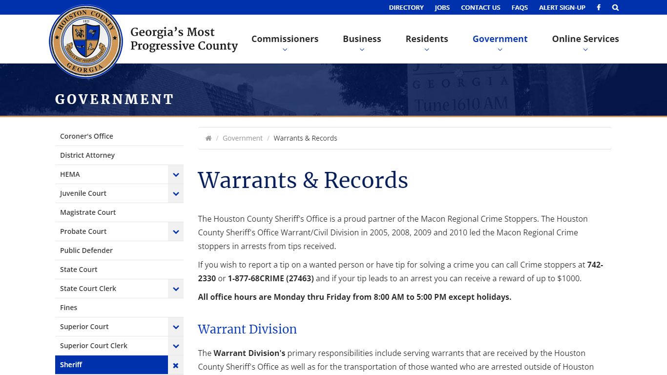 Warrants & Records - Sheriff - Houston County