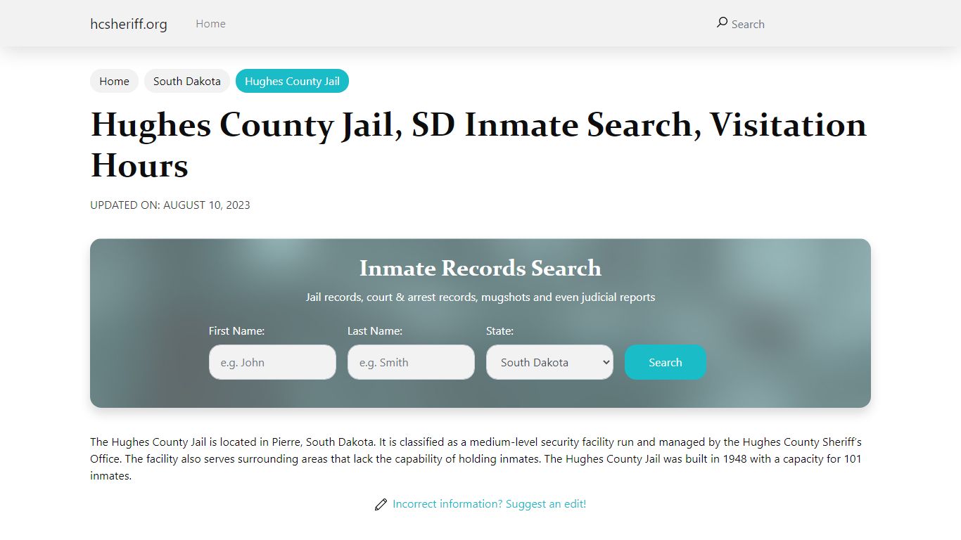 Hughes County Jail, SD Inmate Search, Visitation Hours