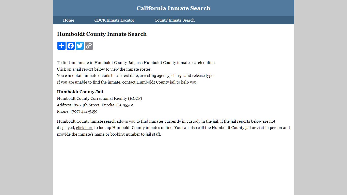 Humboldt County Inmate Search - California Inmate Search