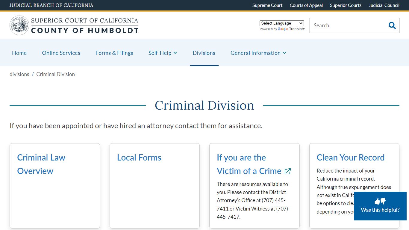 Criminal Division | Superior Court of California | County of Humboldt