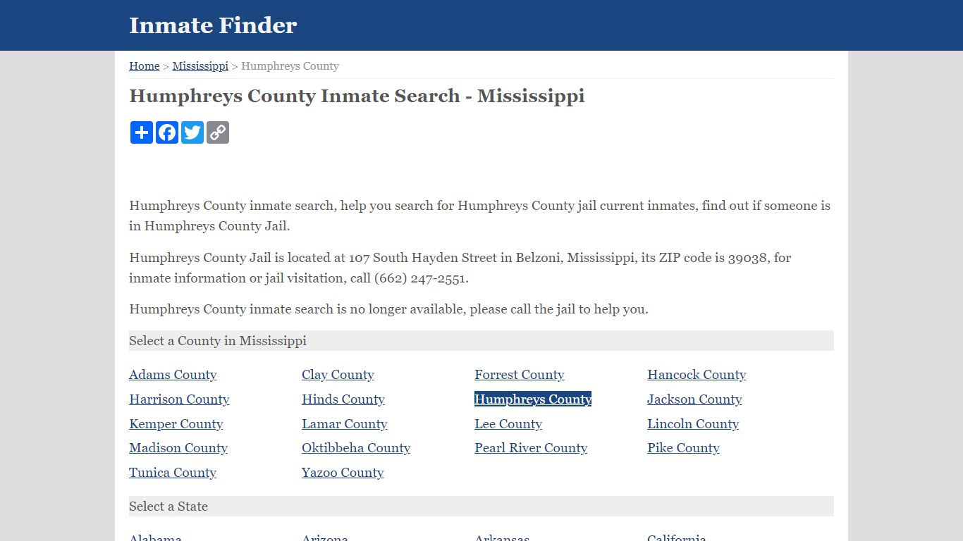 Humphreys County Inmate Search - Mississippi