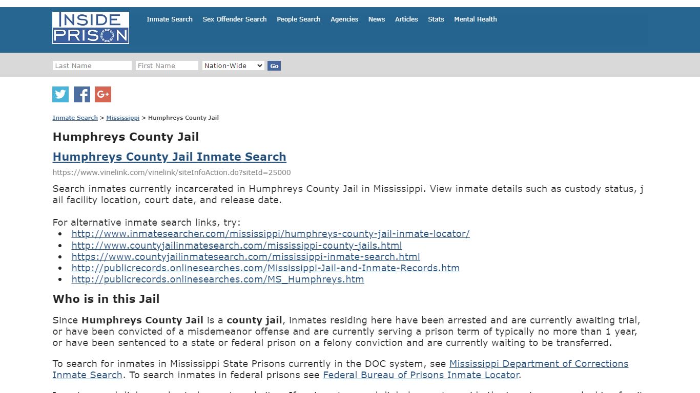 Humphreys County Jail - Mississippi - Inmate Search - Inside Prison