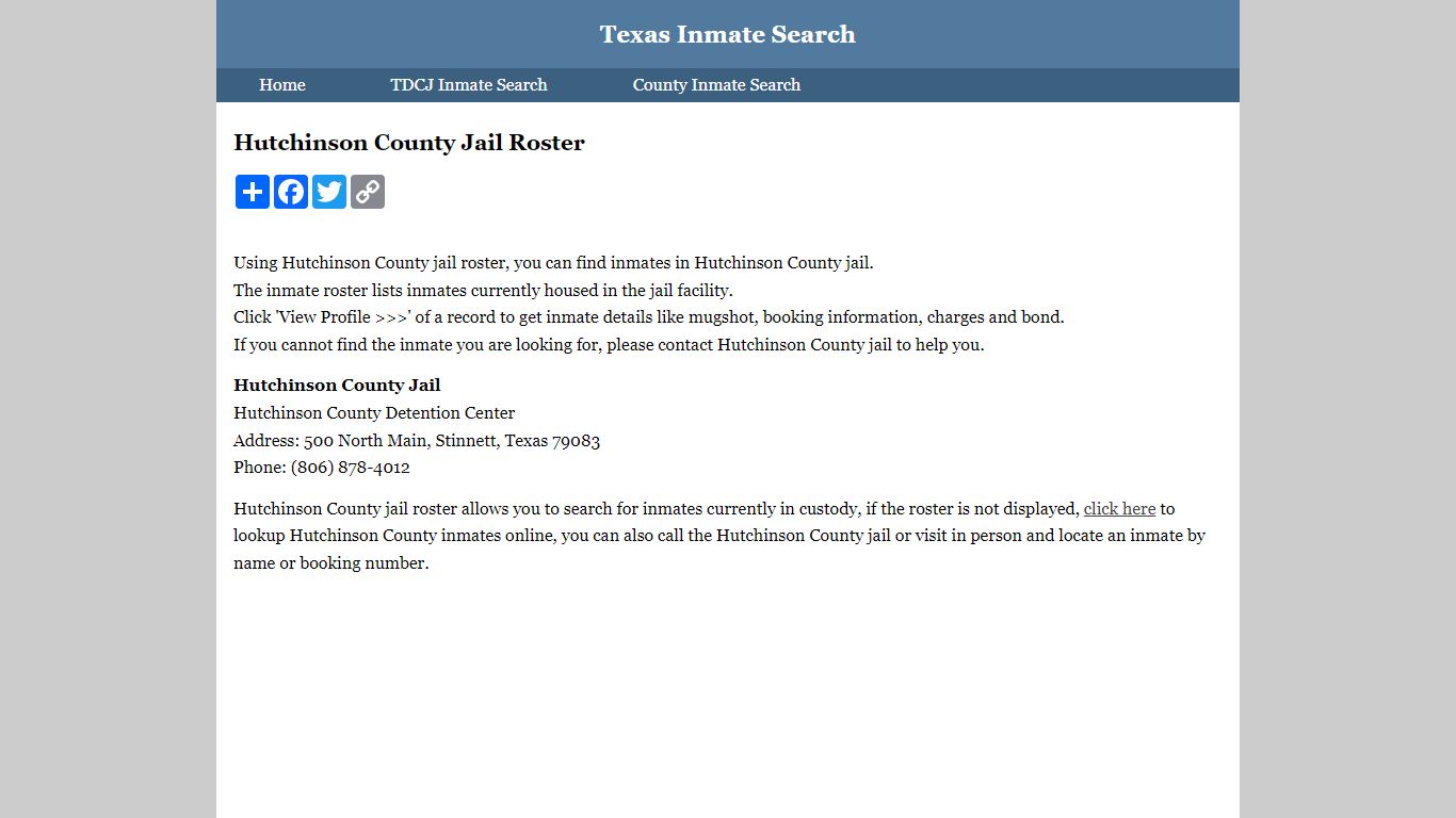 Hutchinson County Jail Roster - Texas Inmate Search