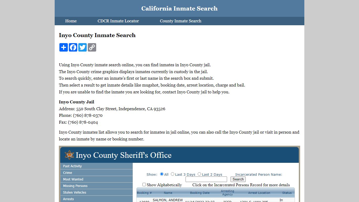 Inyo County Inmate Search - California Inmate Search