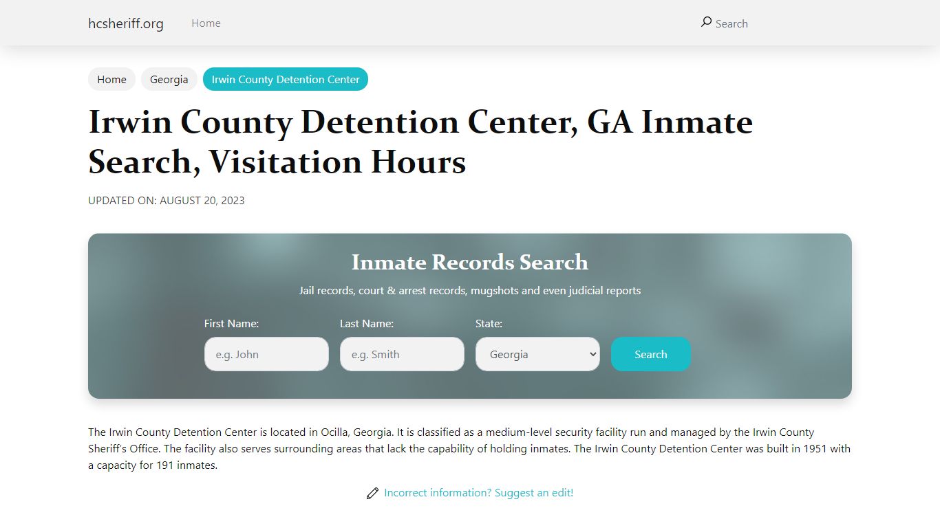 Irwin County Detention Center, GA Inmate Search, Visitation Hours