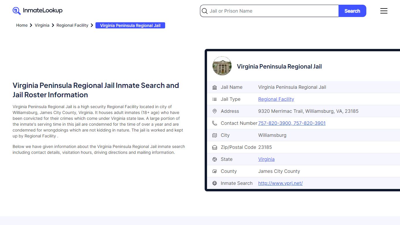 Virginia Peninsula Regional Jail Inmate Search - Inmate Lookup