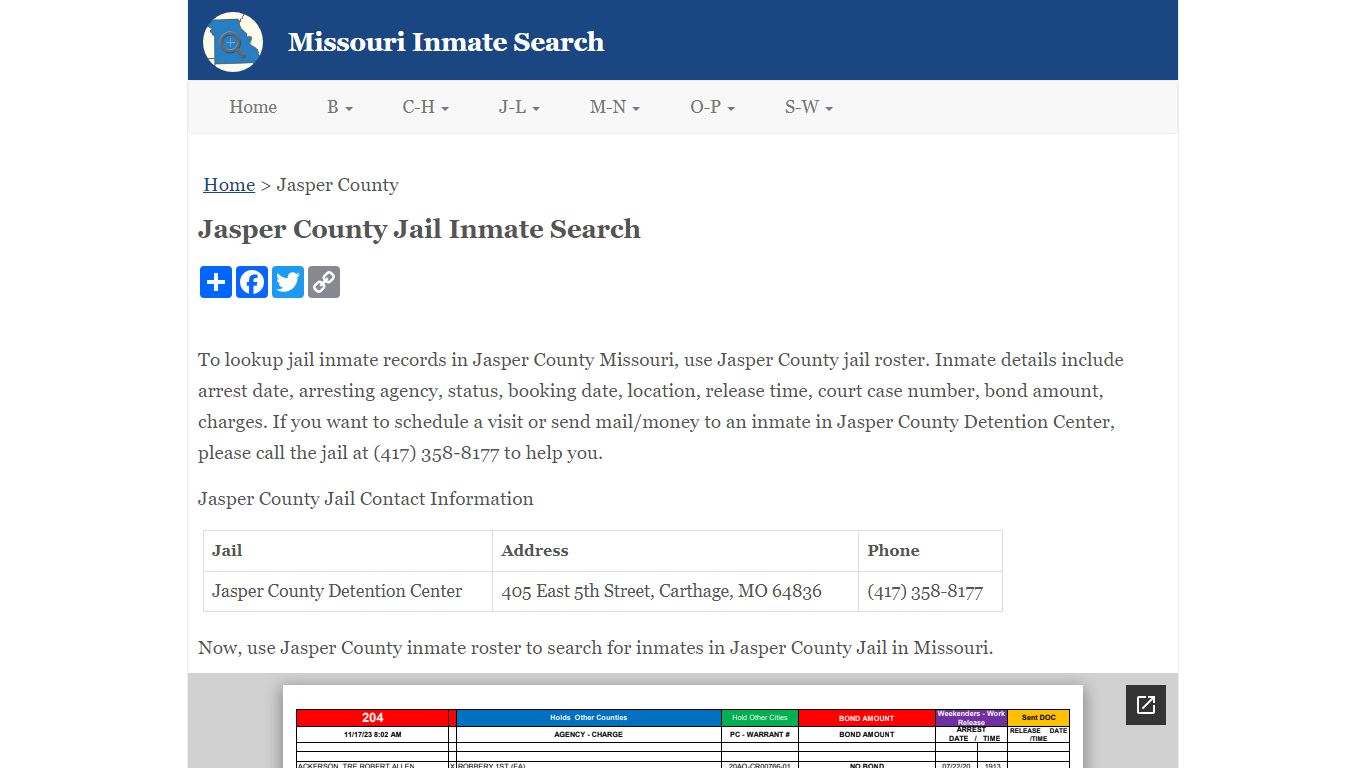 Jasper County Jail Inmate Search