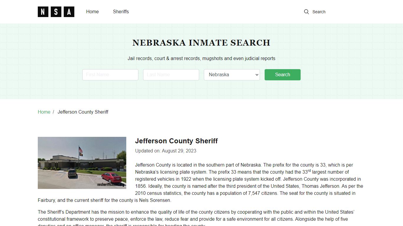 Jefferson County Sheriff, Nebraska and County Jail Information