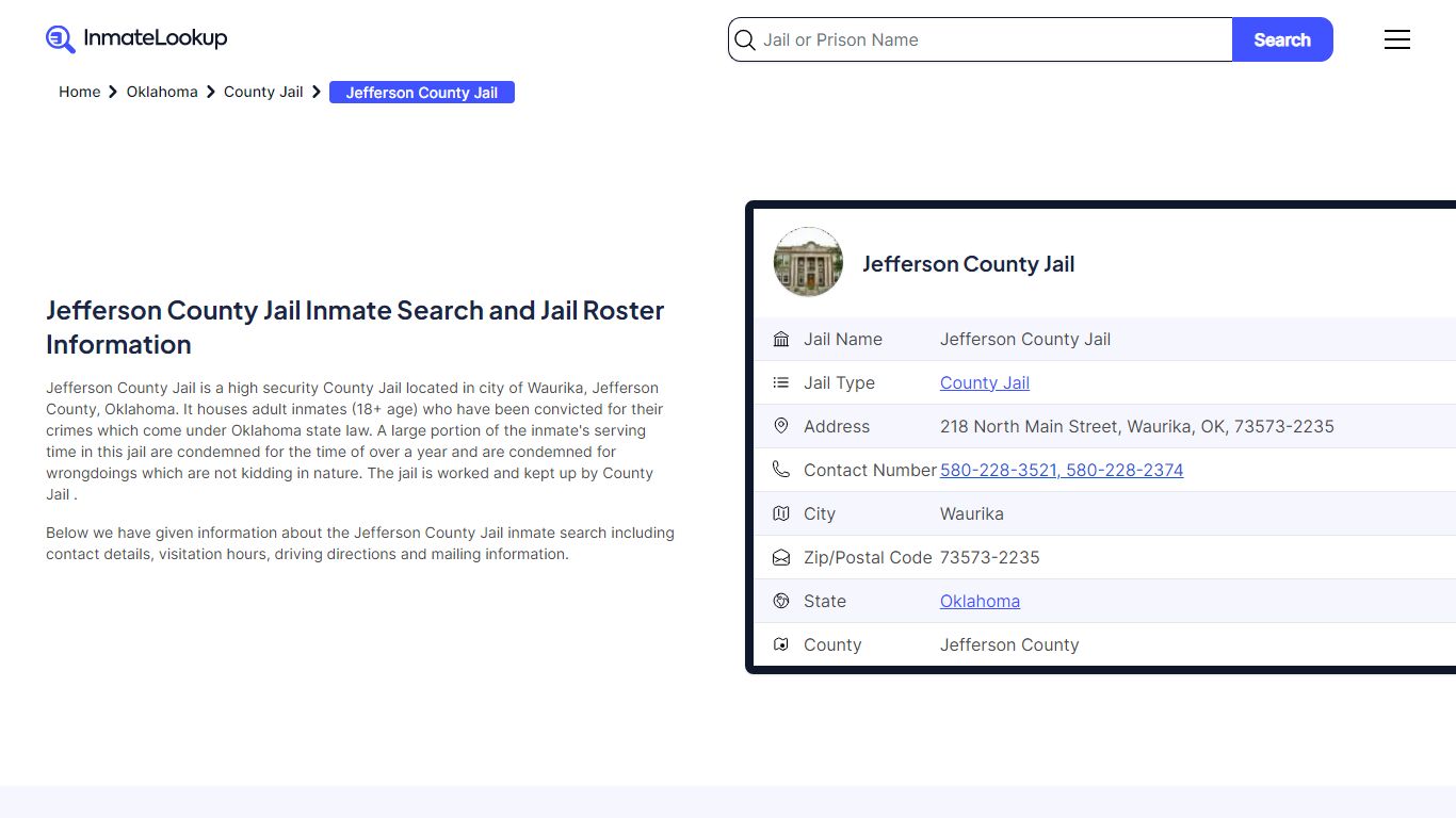 Jefferson County Jail Inmate Search - Waurika Oklahoma - Inmate Lookup