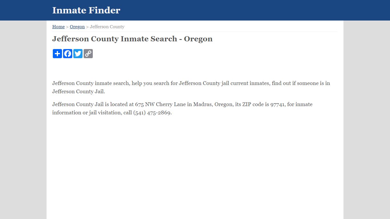 Jefferson County Inmate Search - Oregon