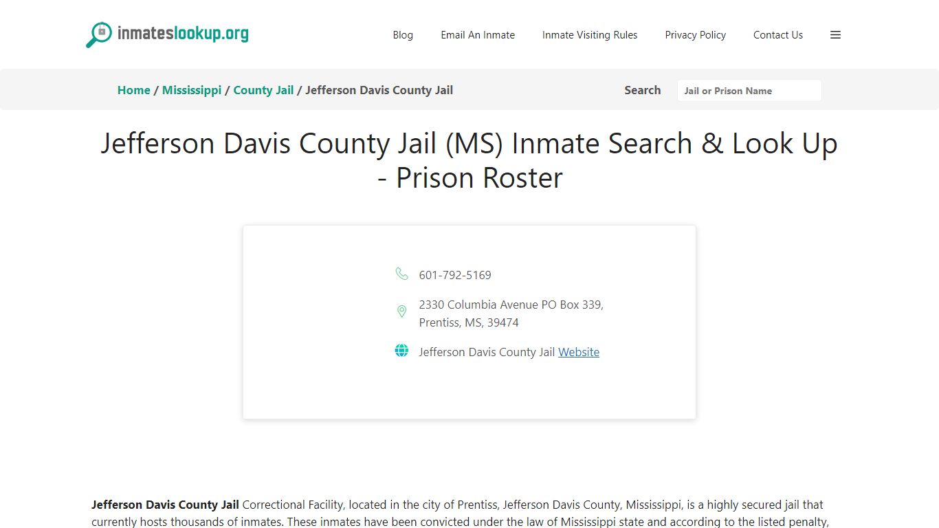 Jefferson Davis County Jail (MS) Inmate Search & Look Up - Inmate Lookup