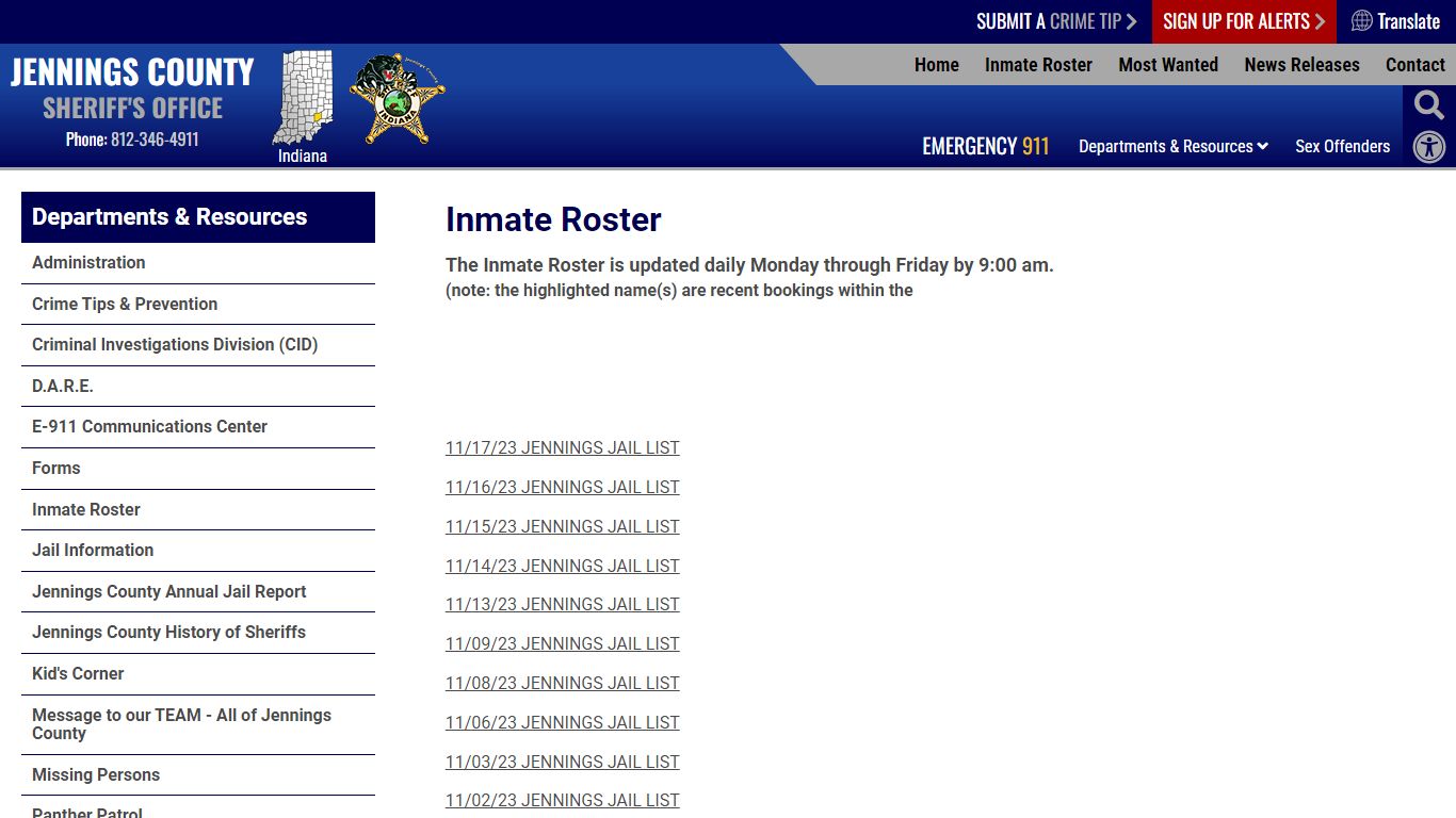 Inmate Roster | Jennings County IN Sheriff