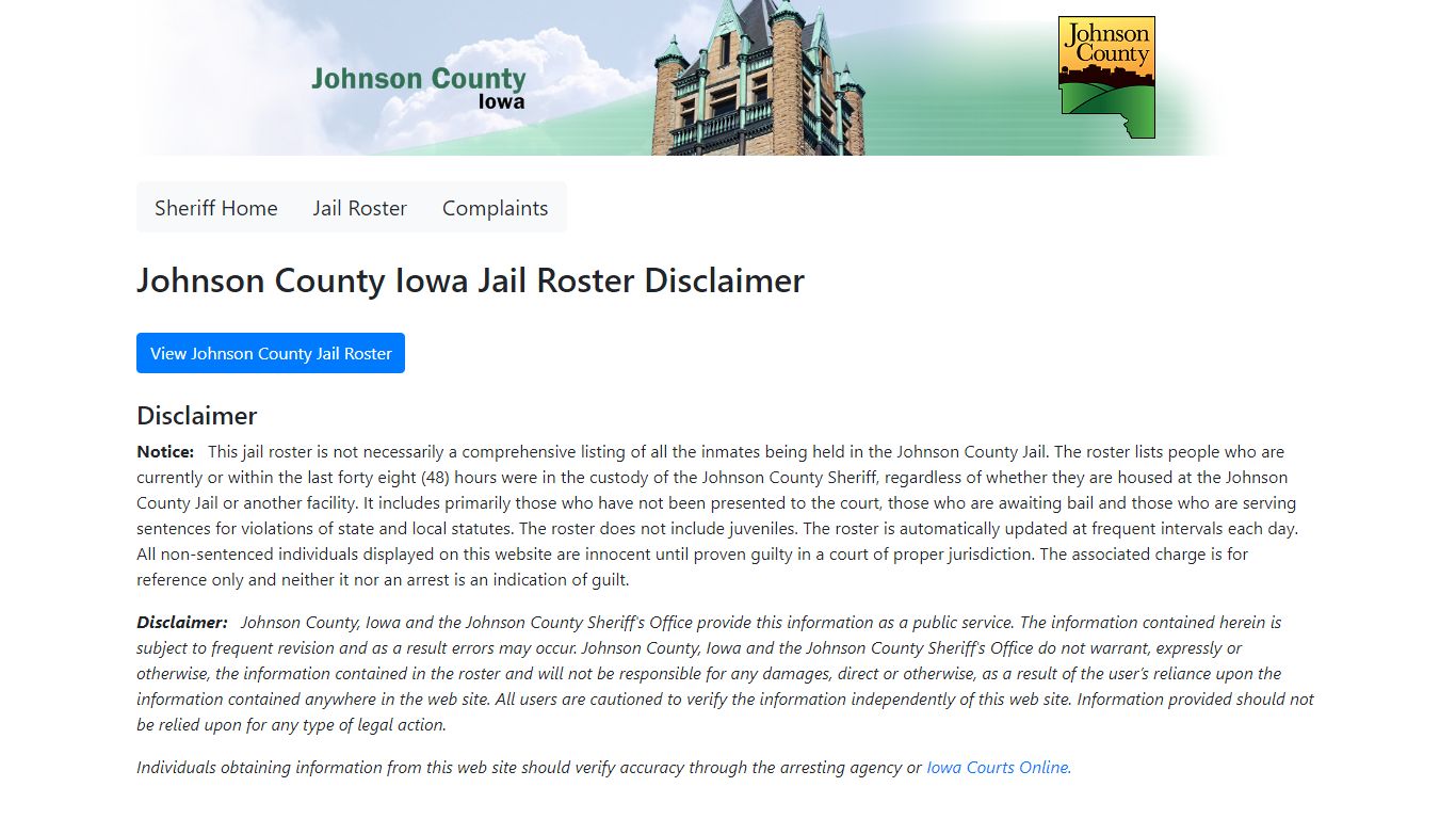 Johnson County Iowa Jail Roster Disclaimer | Johnson County Iowa