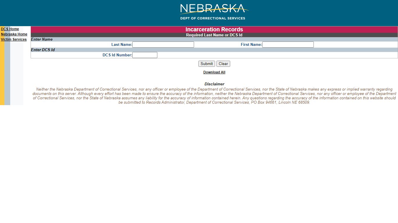 Incarceration Record Search - Nebraska