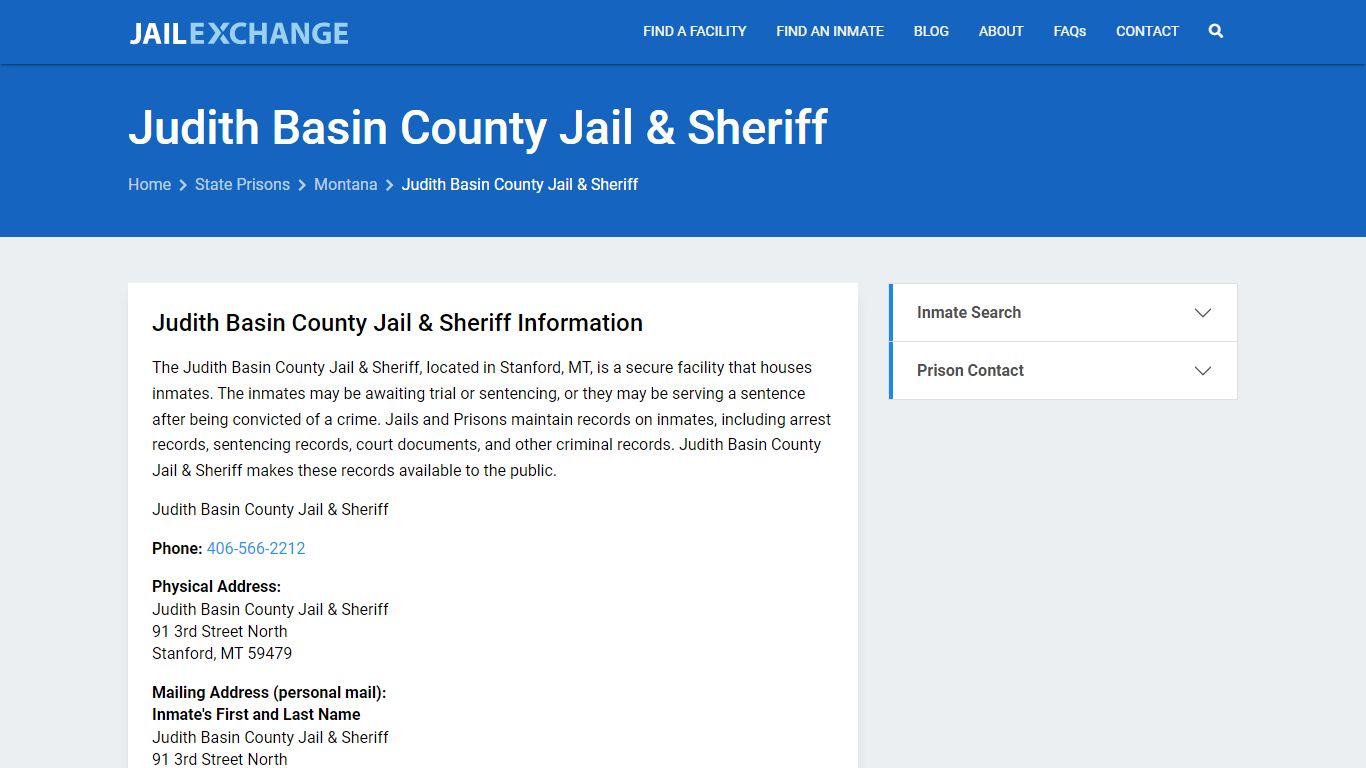 Judith Basin County Jail & Sheriff Inmate Search, MT