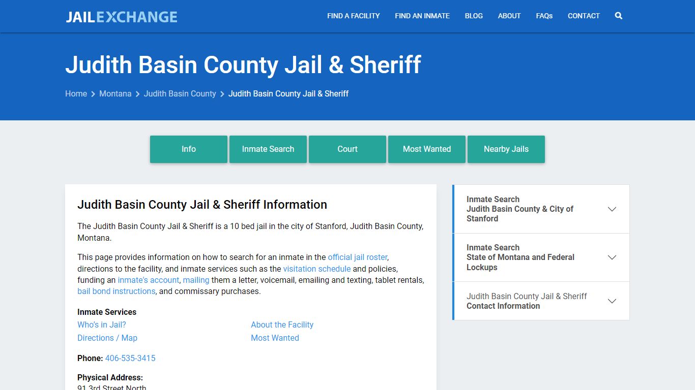 Judith Basin County Jail & Sheriff, MT Inmate Search, Information