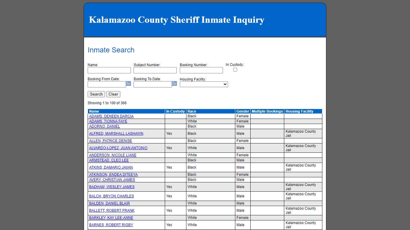 Inmate Search - Kalamazoo County County Consolidated Dispatch