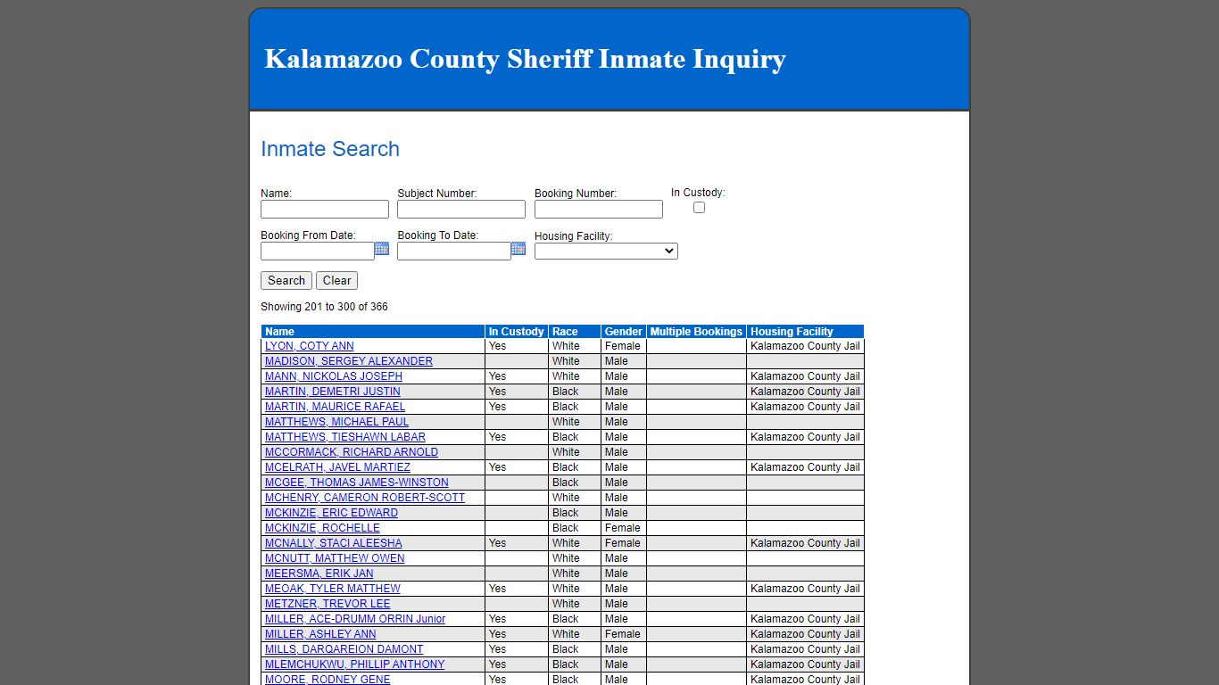 Inmate Search - Kalamazoo County County Consolidated Dispatch