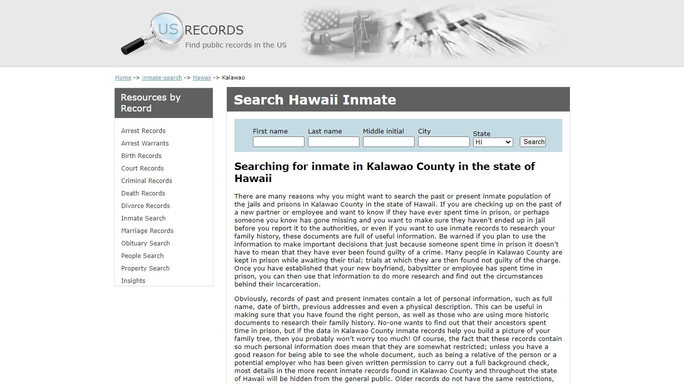 Search Inmate Kalawao Hawaii | US Records