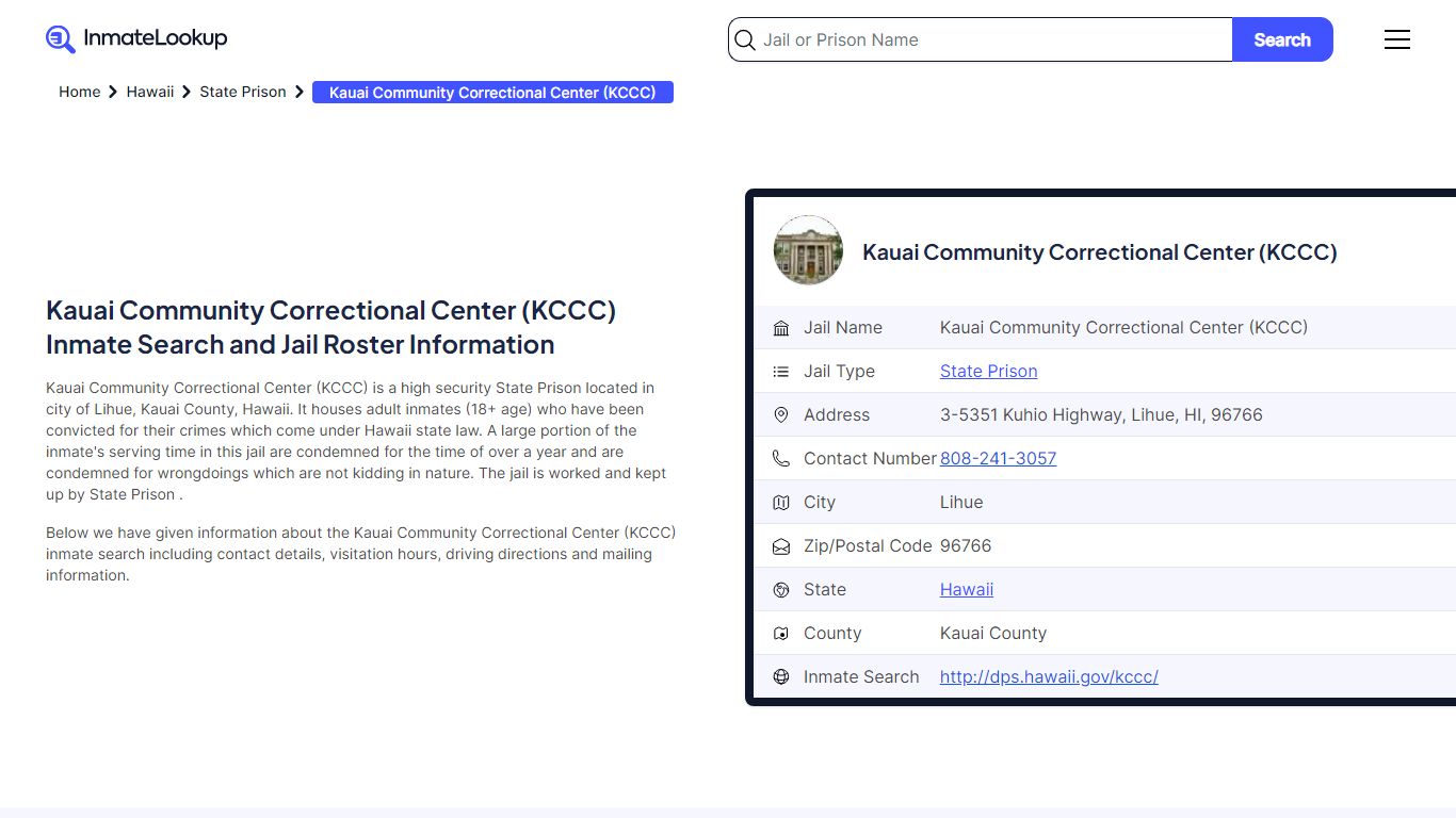 Kauai Community Correctional Center (KCCC) Inmate Search - Lihue Hawaii ...