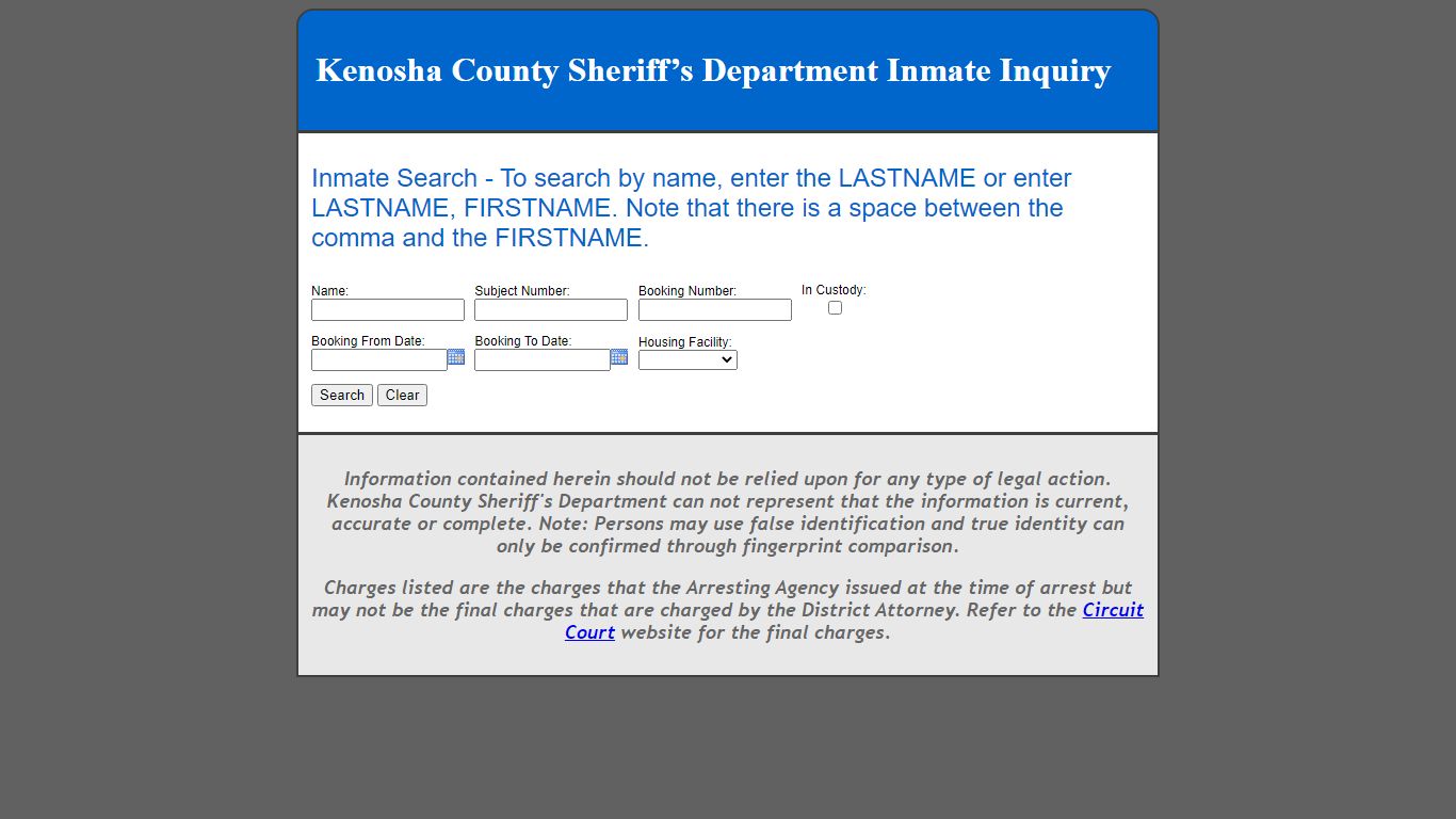 Kenosha County Sheriff’s Department Inmate Inquiry - Inmate Search
