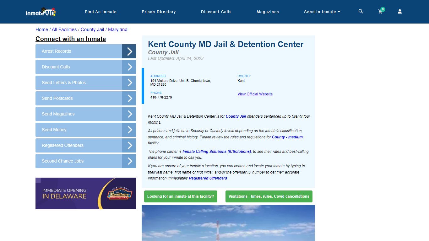 Kent County MD Jail & Detention Center - Inmate Locator - Chestertown, MD