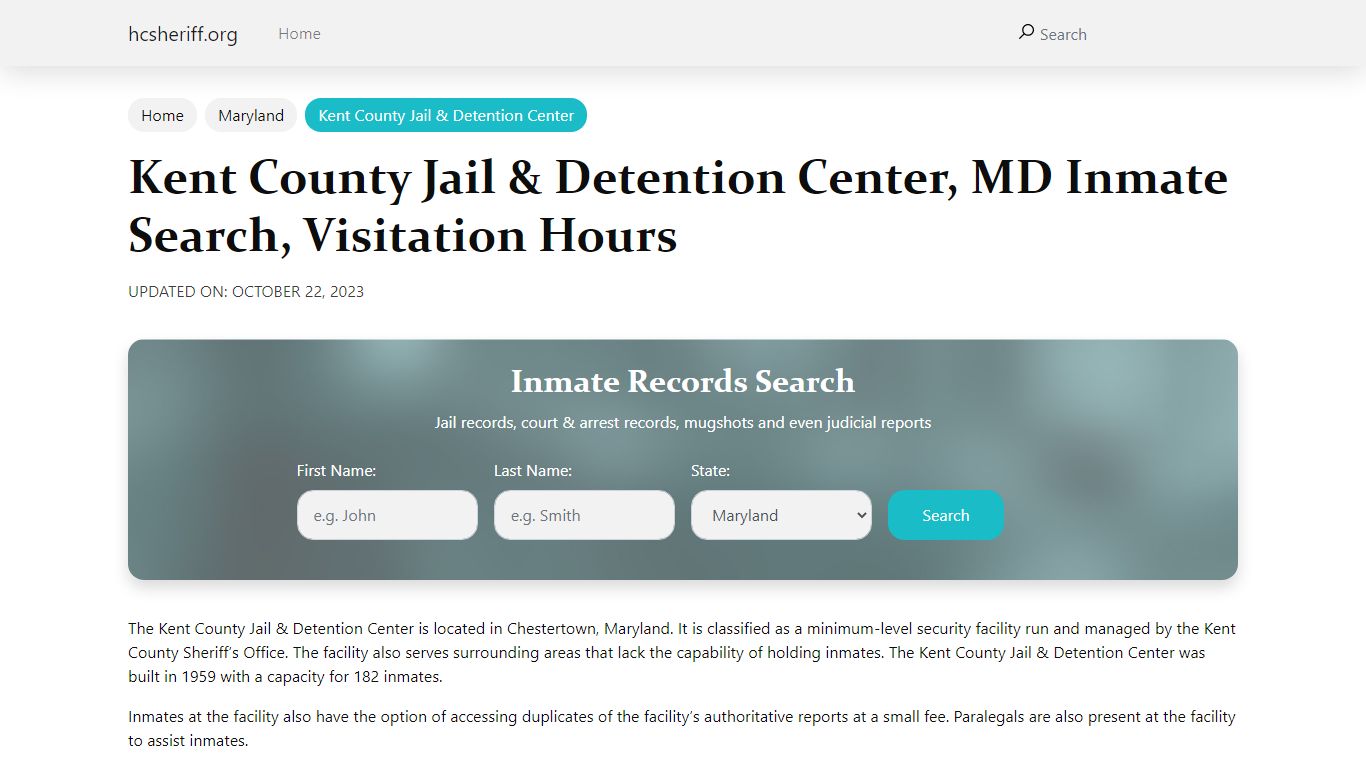 Kent County Jail & Detention Center, MD Inmate Search, Visitation Hours