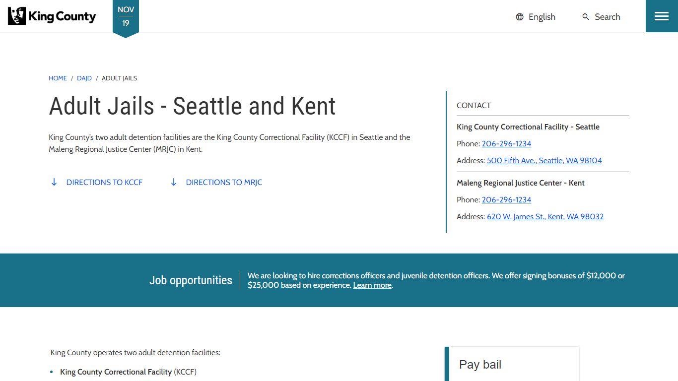 Adult Jails - Seattle and Kent - King County, Washington