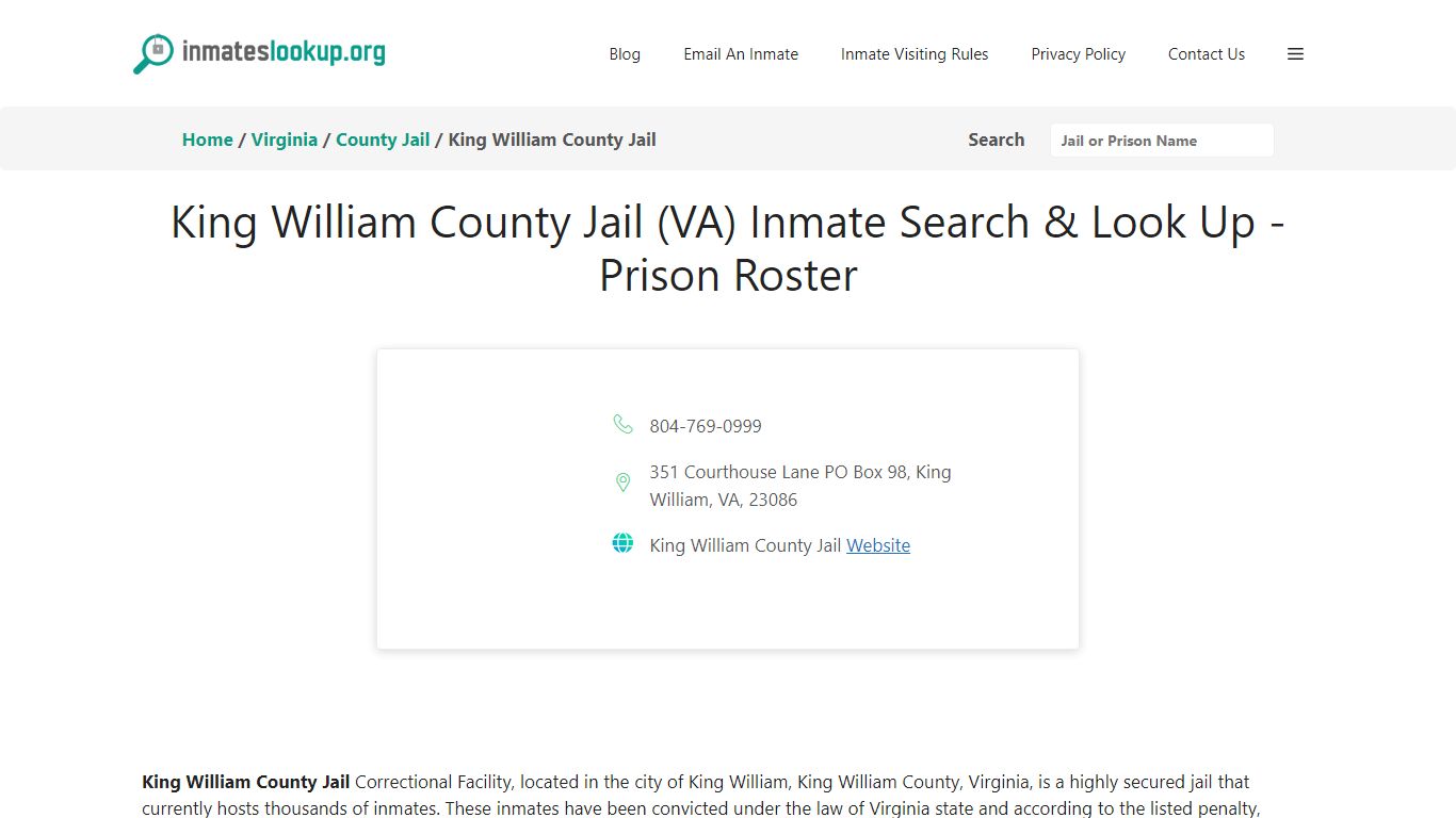 King William County Jail (VA) Inmate Search & Look Up - Prison Roster