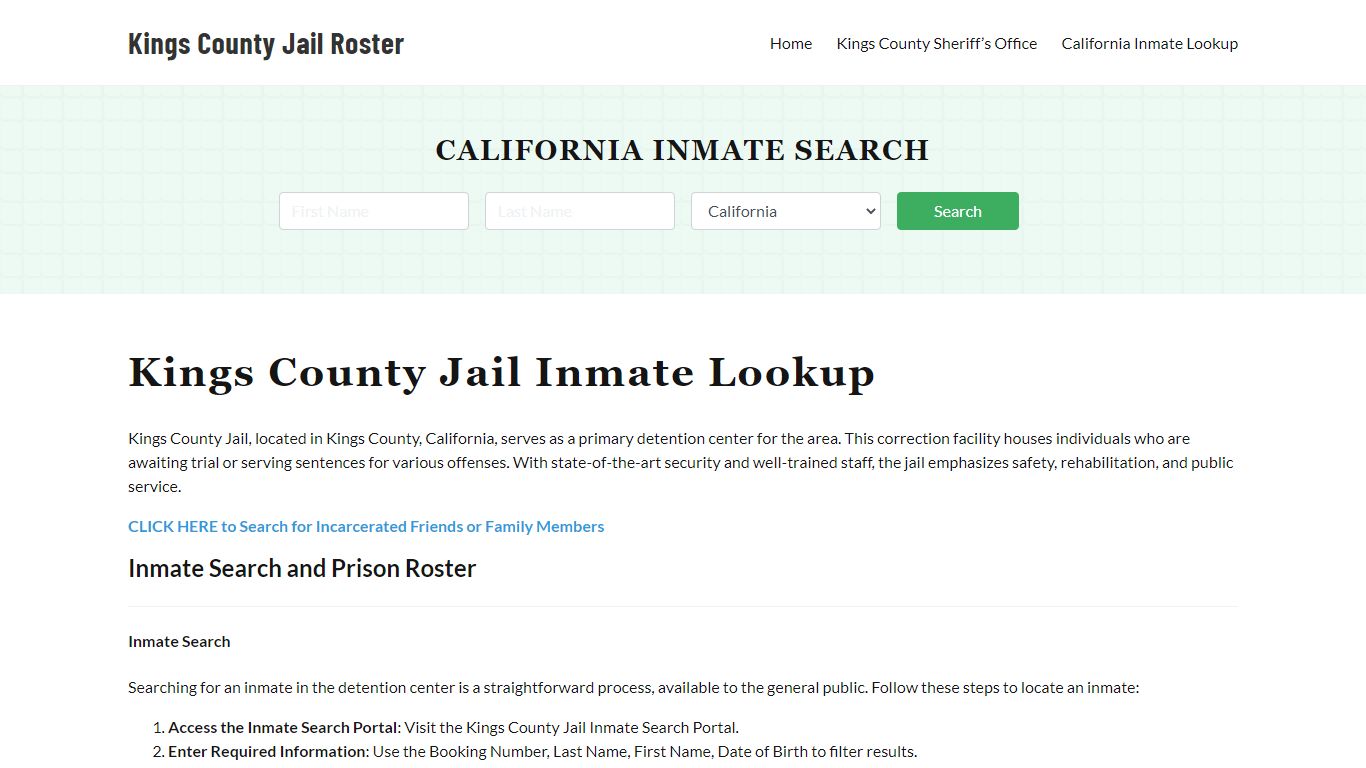 Kings County Jail Roster Lookup, CA, Inmate Search