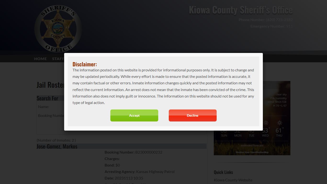 Jail Roster | Kiowa County Sheriff's Office