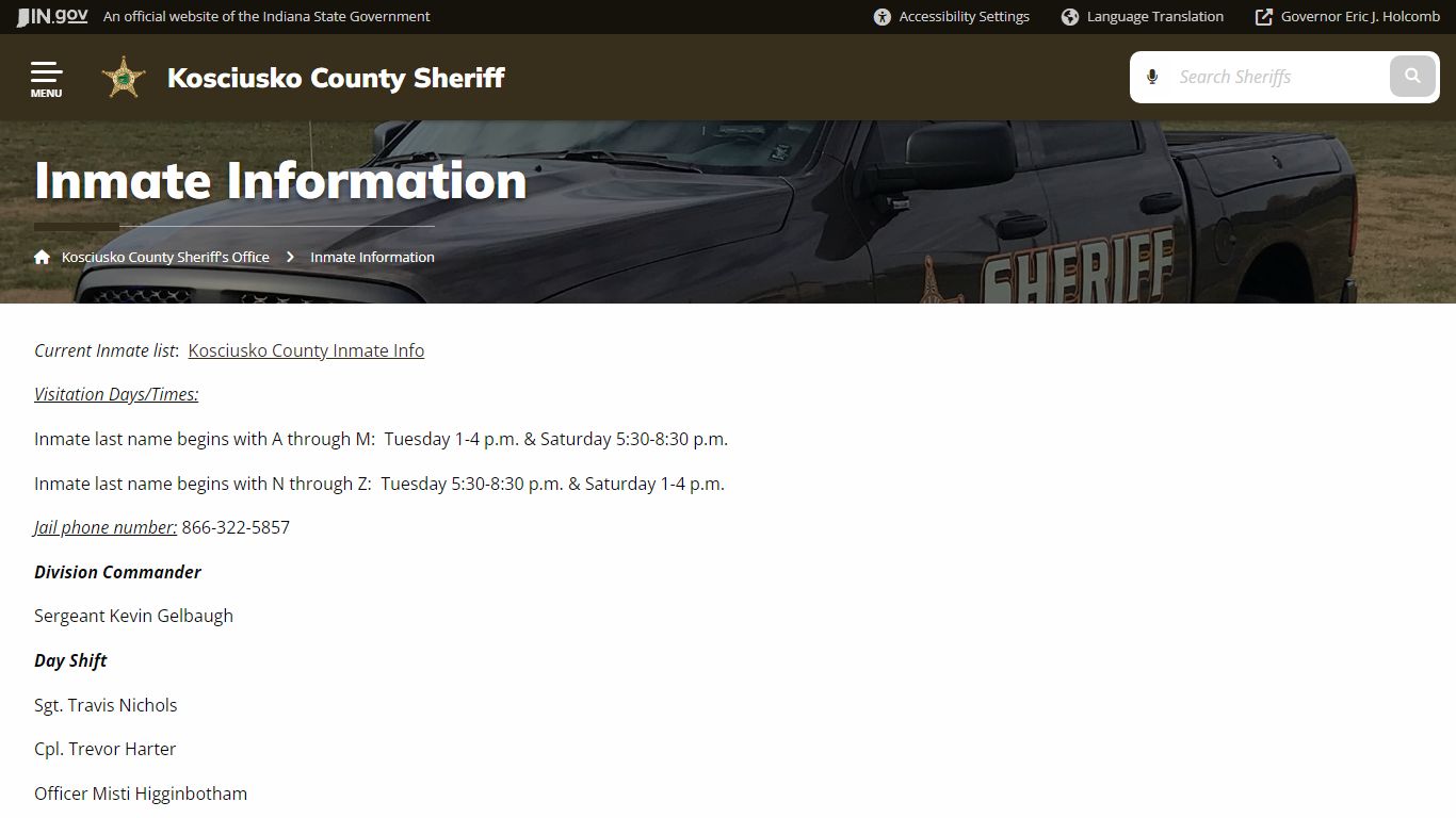 Kosciusko County Sheriff's Office: Inmate Information - IN.gov