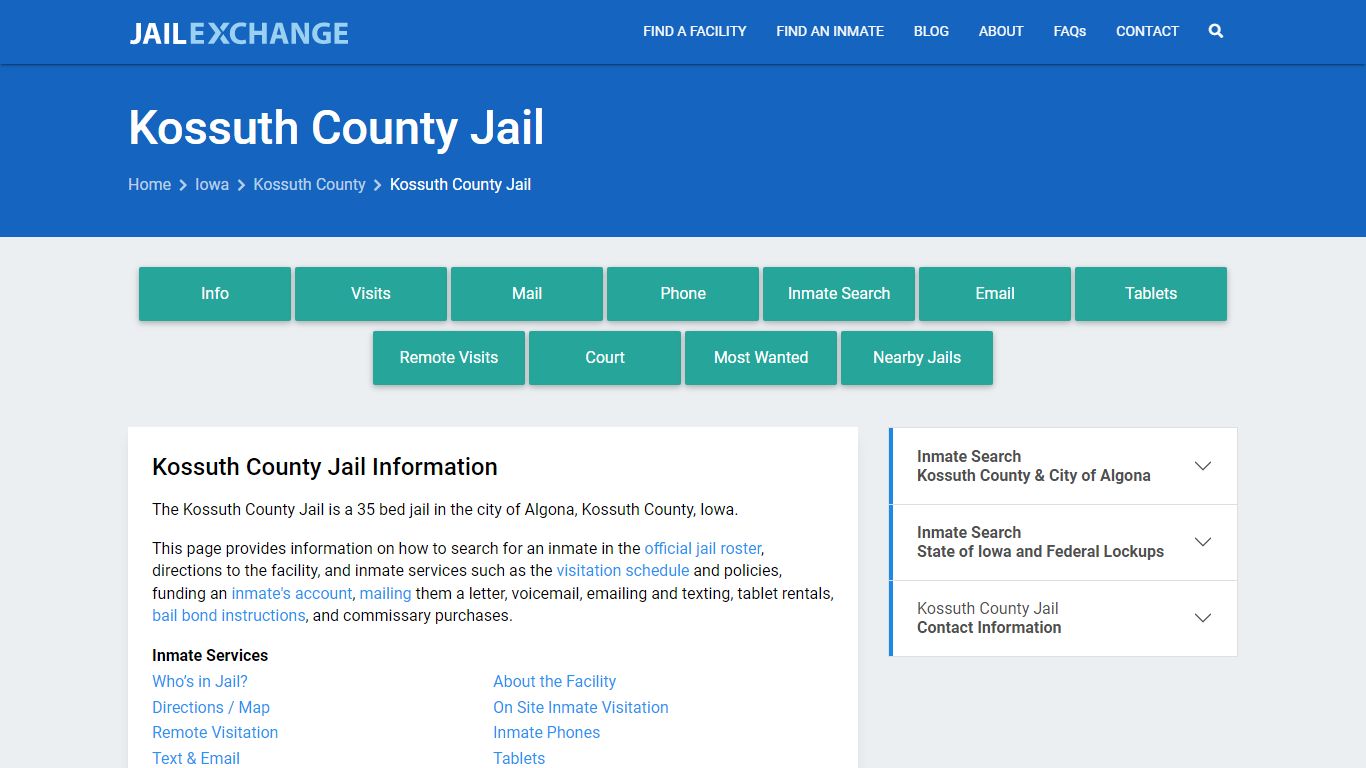 Kossuth County Jail, IA Inmate Search, Information