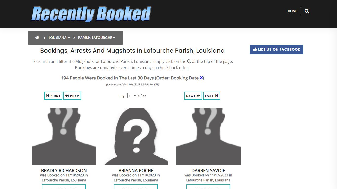 Bookings, Arrests and Mugshots in Lafourche Parish, Louisiana