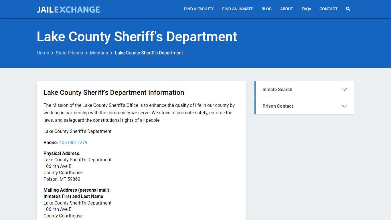 Lake County Sheriff's Department Inmate Search, MT - Jail Exchange
